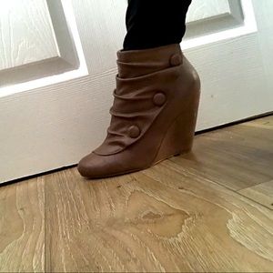 Call It Spring Beige Zip Up Faux Button Wedge Booties Size 6.5